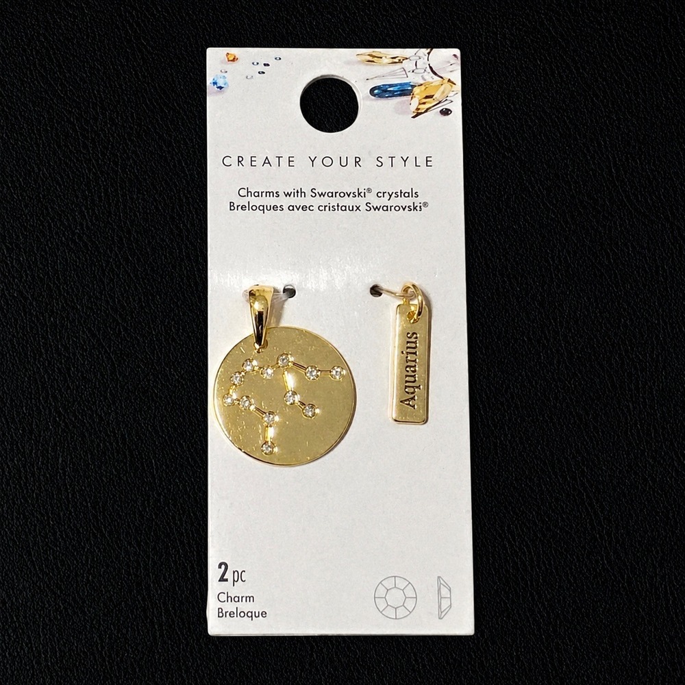 Create Your Style Aquarius Zodiac Charms 2pc Swarovski Crystals Gold Horoscope